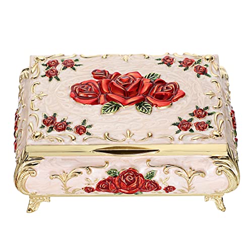 SUMTree Joyero vintage con tapa de metal blanco leche con forma de flor roja, caja de joyería (centro)
