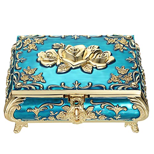 SUMTree Joyero vintage con tapa de metal azul con forma de flor dorada joyero joyero joyero caja de joyería para anillo pulsera pendientes de mujer regalo para noches blandas cumpleaños (grande)